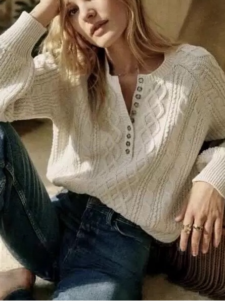 Sezane Bree Jumpercream Cable Knit Henley Sweater, Xs S